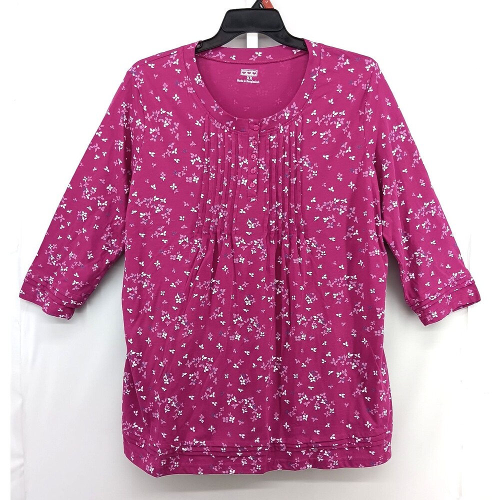 American Sweetheart Shirt Women Plus Size 2X Magenta Floral Pleated 3/4 Sleeve